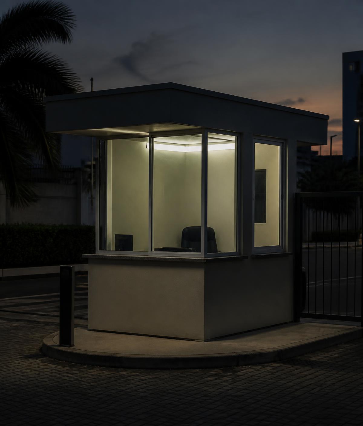 Guarita tradicional vazia na entrada de um condomínio ao anoitecer