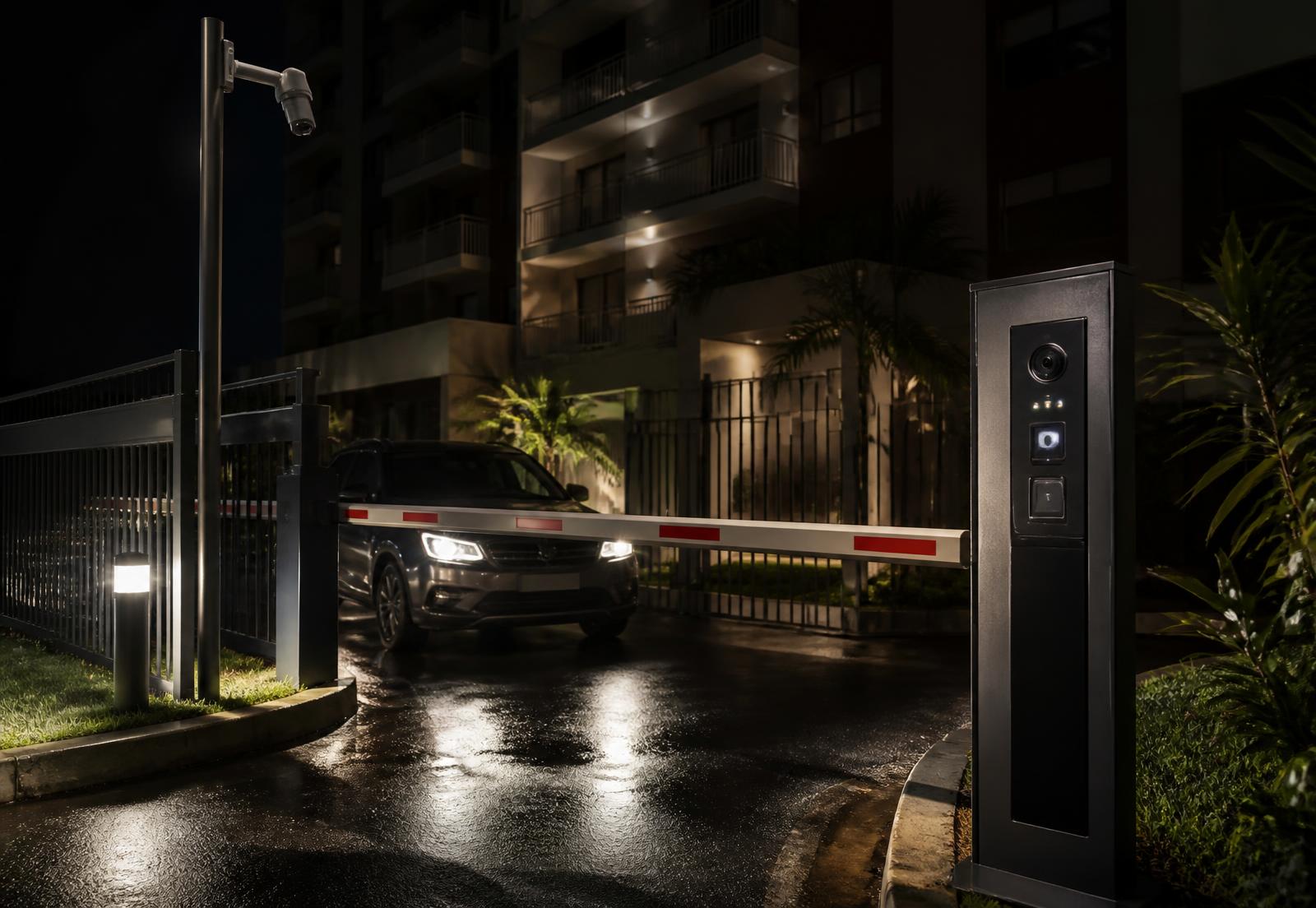 Entrada de condomínio com cancela, câmera e totem de interfone à noite