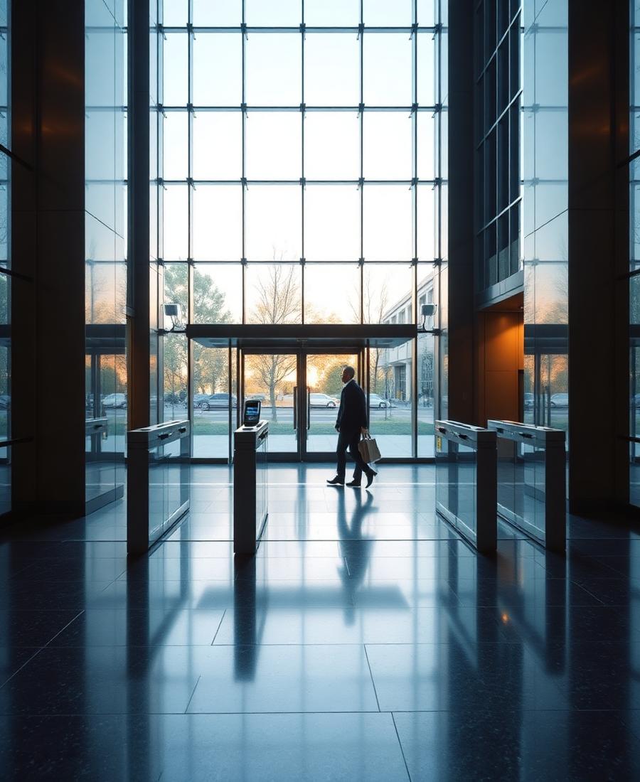 Lobby de prédio comercial com catracas de controle de acesso
