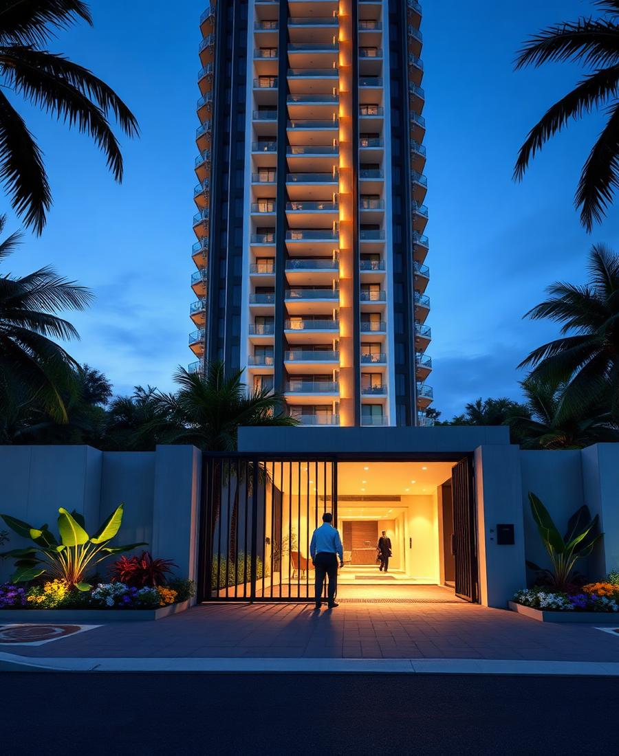 Entrada de condomínio residencial com portão e portaria iluminada
